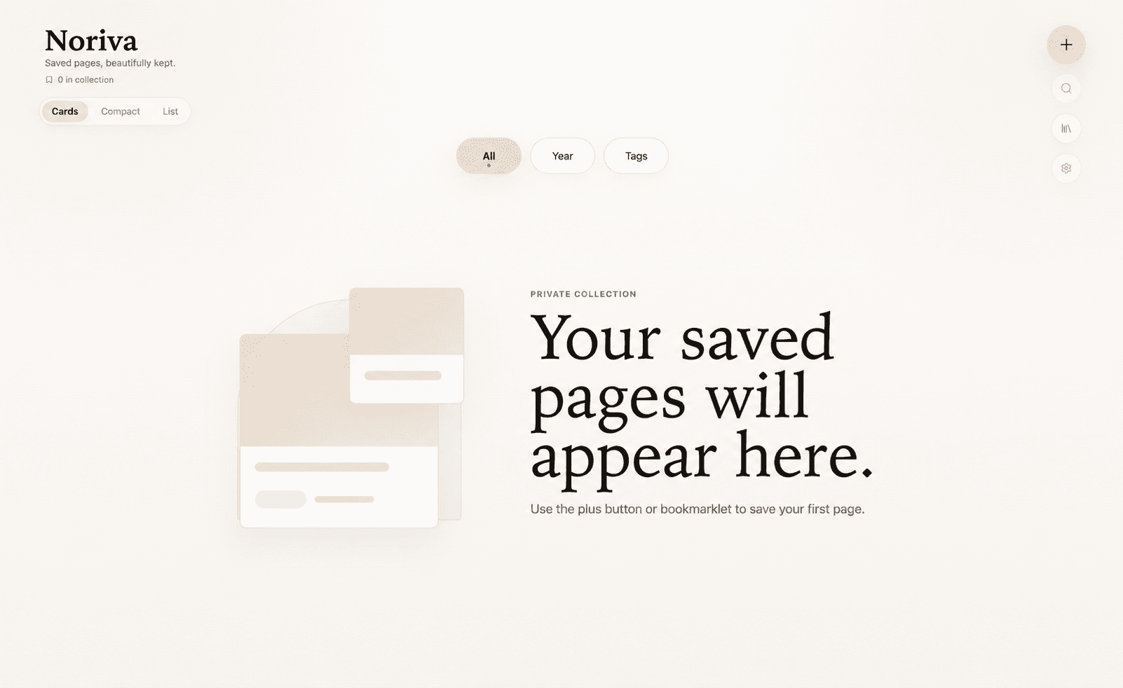 Noriva interface for saving and organizing pages